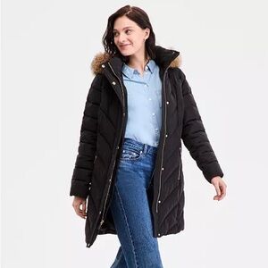 Michael Kors Black Puffer Coat with Faux Fur Trim